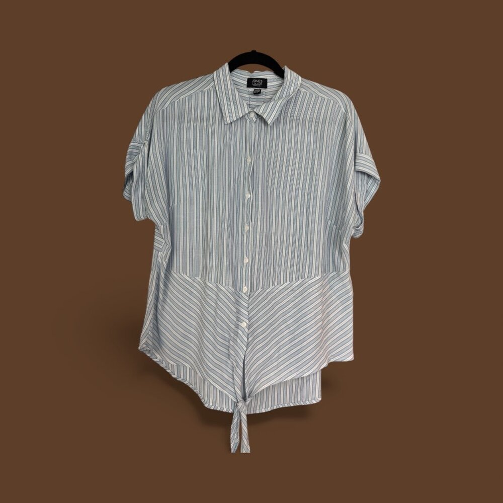 Jones New York Blue Striped Button-Down Shirt with Tie-Front, Size L